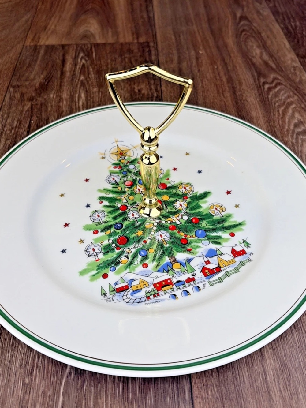 10.5” Vintage Spode England CHRISTMAS TREE Tidbit Tray Server Green Rim S3324-K